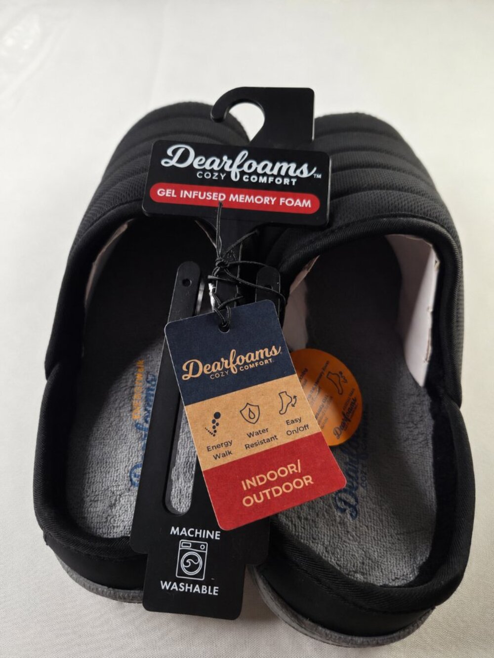NWT Dearfoams Men’s Black Gel Infused‎ Memory Foam Slide Slippers S 7-8